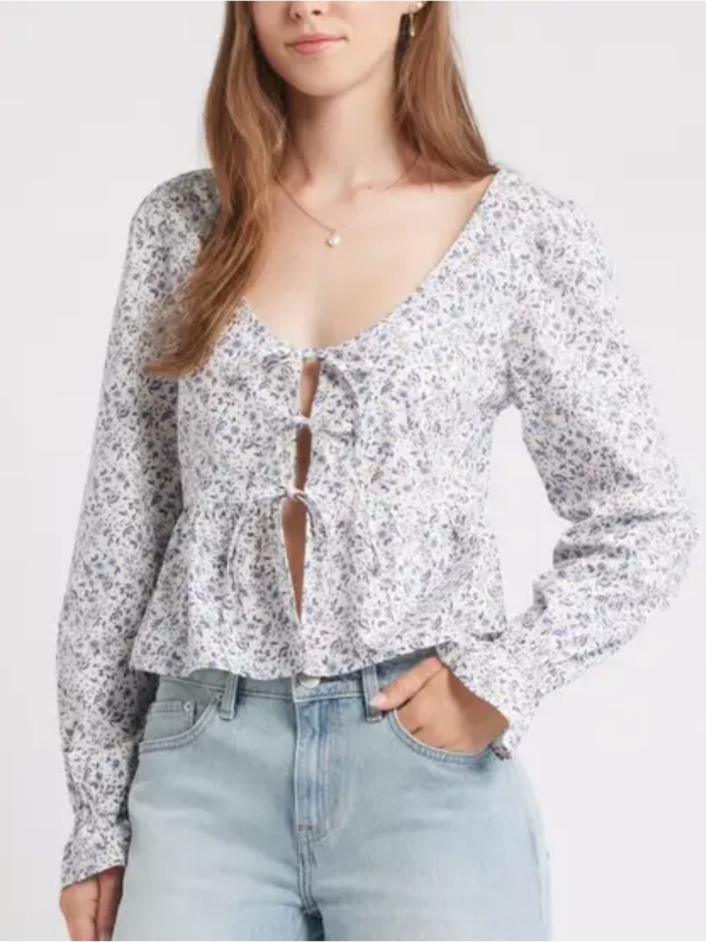 bp Floral Tie-Front Peplum Blouse